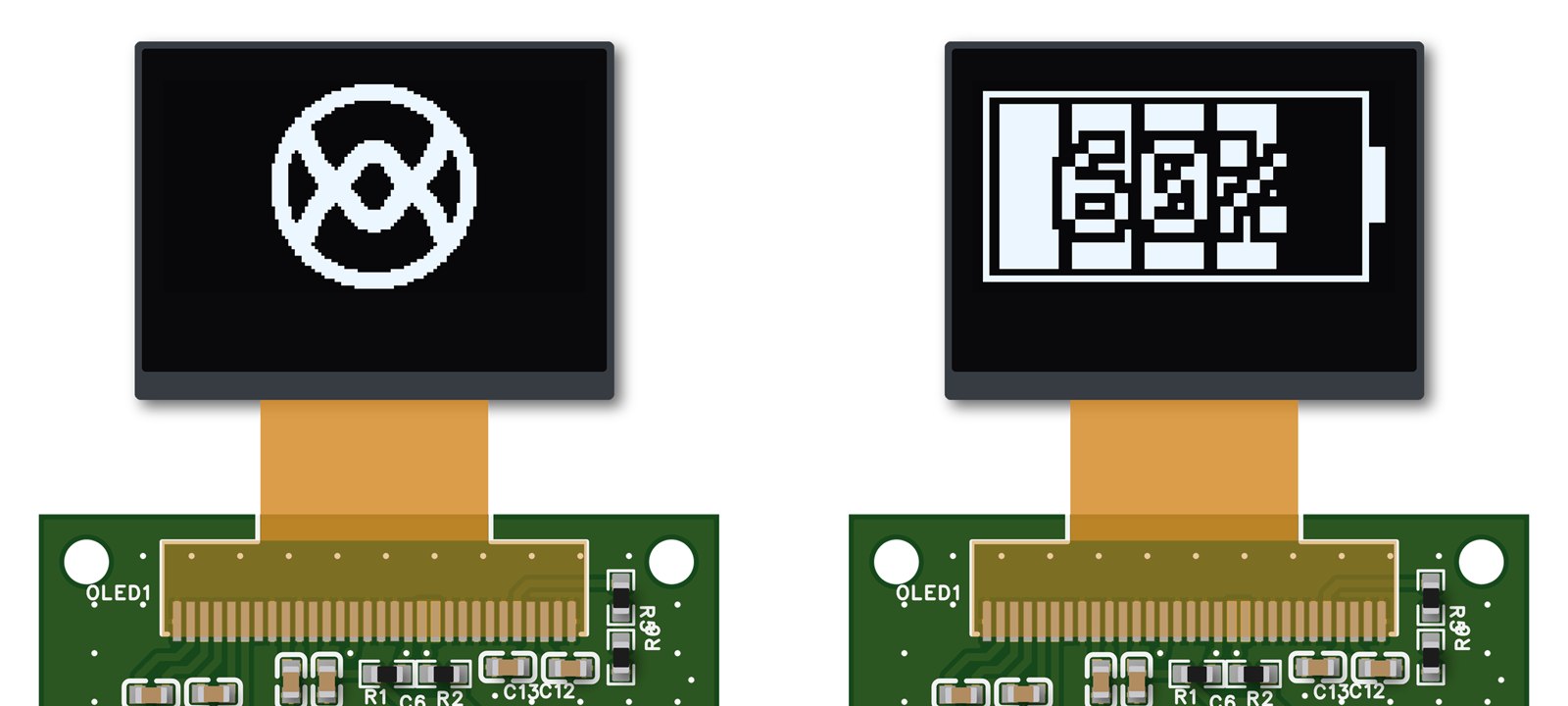 Render van de twee OLED-schermen op de prototypeprint: het opstartscherm en het laadscherm